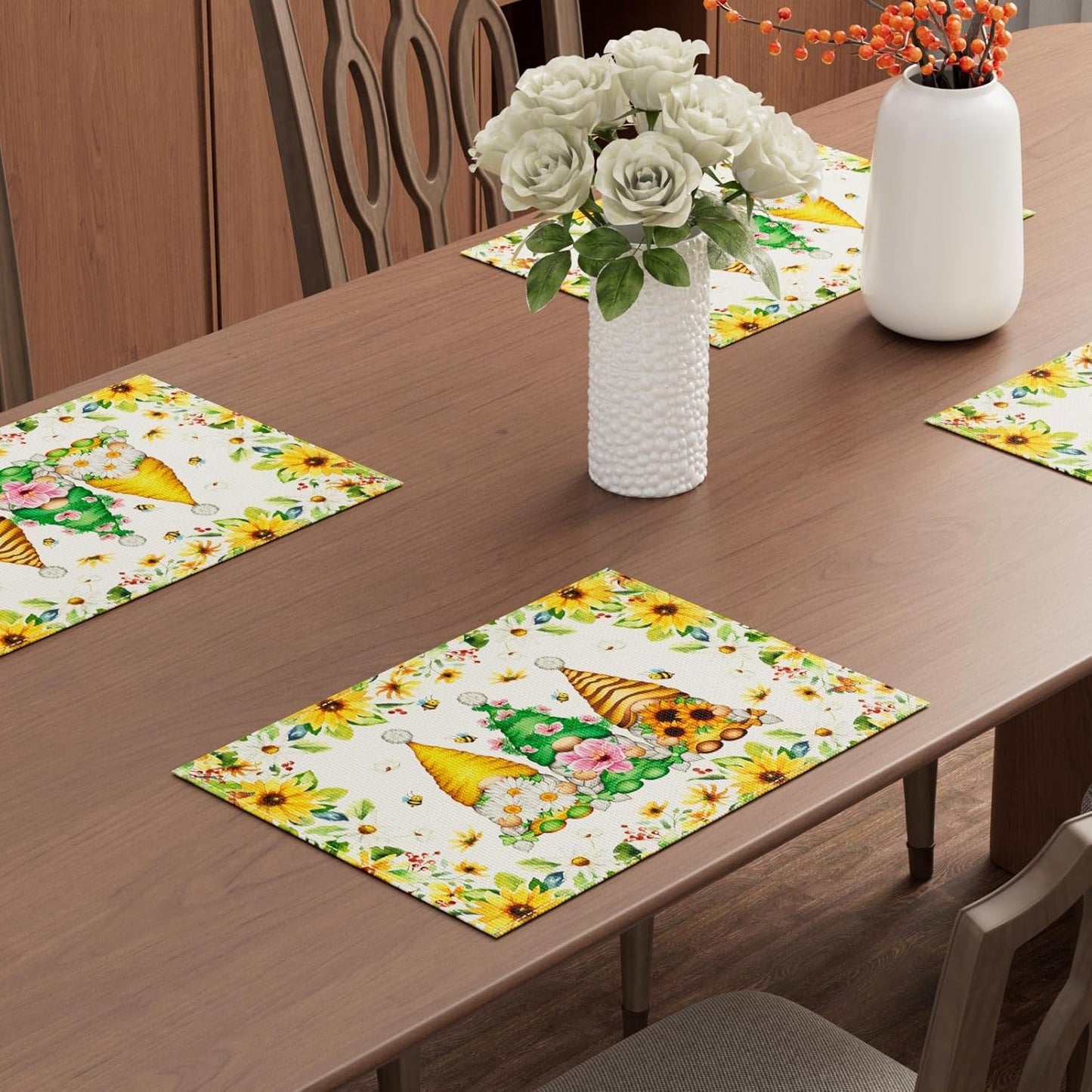 XCHI Daisies Flowers Gnomes Spring Placemats Set of 4 Table Mats Summer Seasonal Table Decorations 12x18 Inch