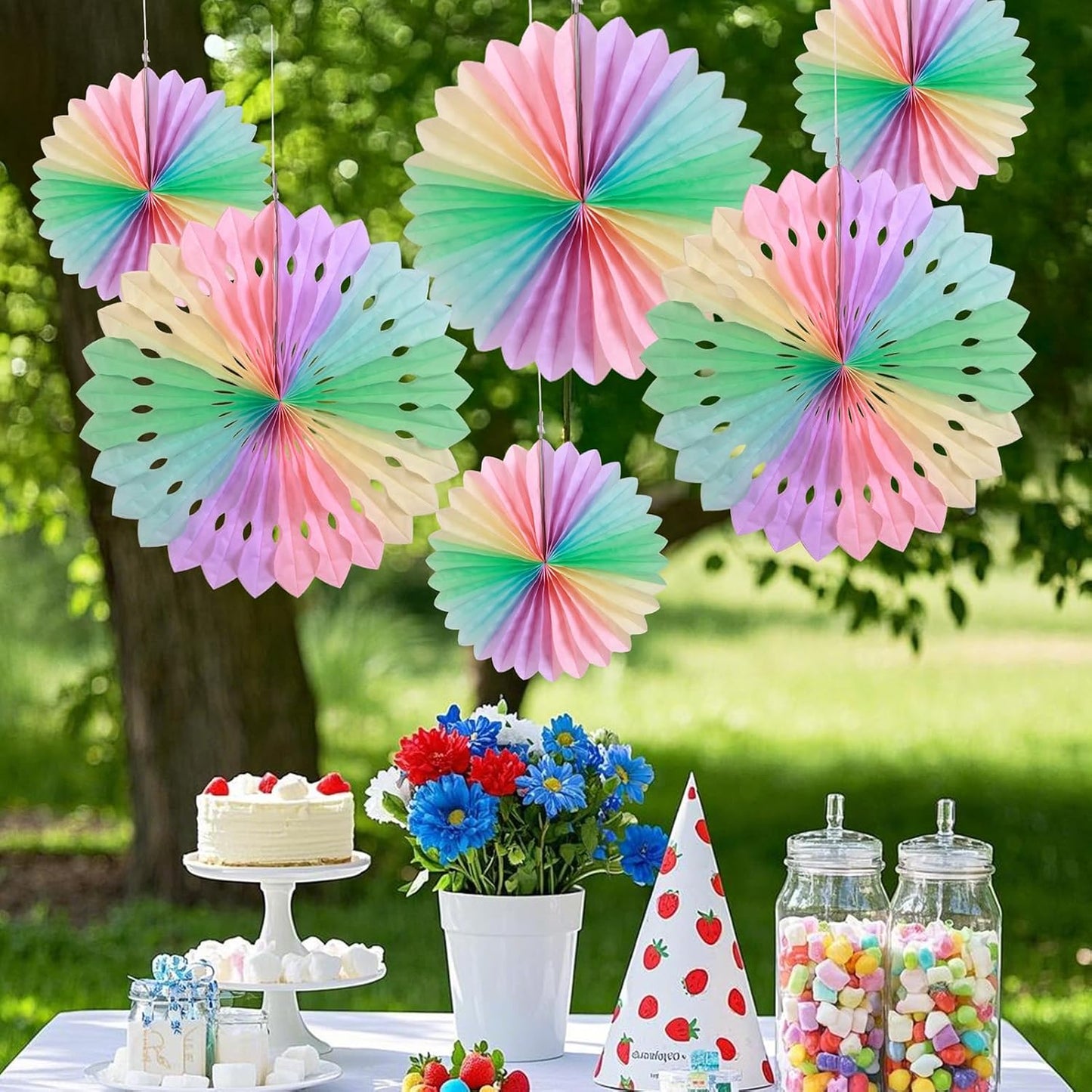 SUNBEAUTY Paper Fan, Pastel Flowers, Decor for Wall, Rainbow Decorations Hanging, Macarons Paper Fans Backdrop for Tea Party Weddding Spring Birthday Classroom Baby Shower -11 Pcs