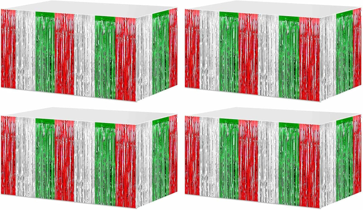 4 Pack 29x108 Inch Metallic Foil Fringe Tinsel Table Skirts for Rectangle Tables Streamer Backdrop for Wedding, Birthday, Parade Floats, Christmas, Halloween Party Decoration(Red Silver Green)