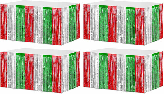 4 Pack 29x108 Inch Metallic Foil Fringe Tinsel Table Skirts for Rectangle Tables Streamer Backdrop for Wedding, Birthday, Parade Floats, Christmas, Halloween Party Decoration(Red Silver Green)