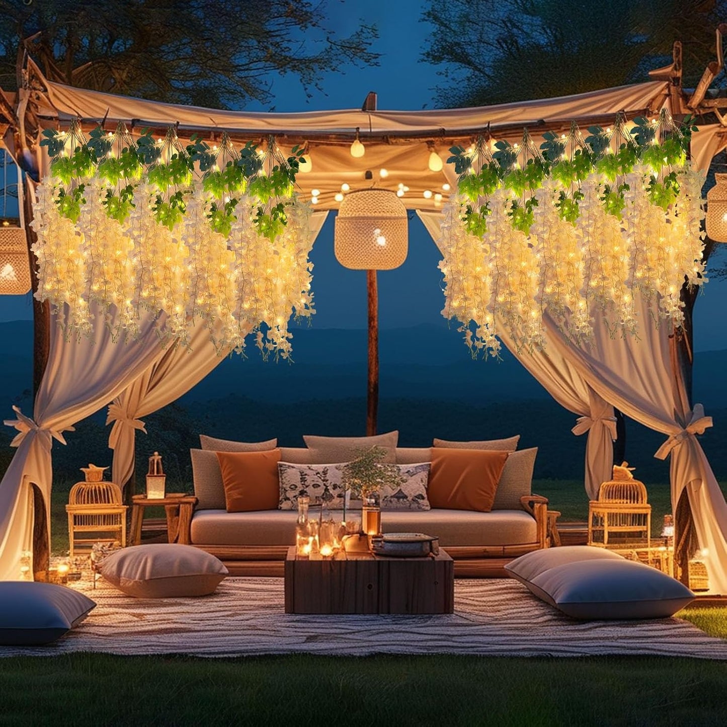 12 Pack Champagne Wisteria Hanging Flowers Garland with Lights, 3.44 Feet Artificial Flower Vines, Fake Wisteria, Artificial Vines Hanging Garland for Backdrop Outdoor Patio Garden Decor