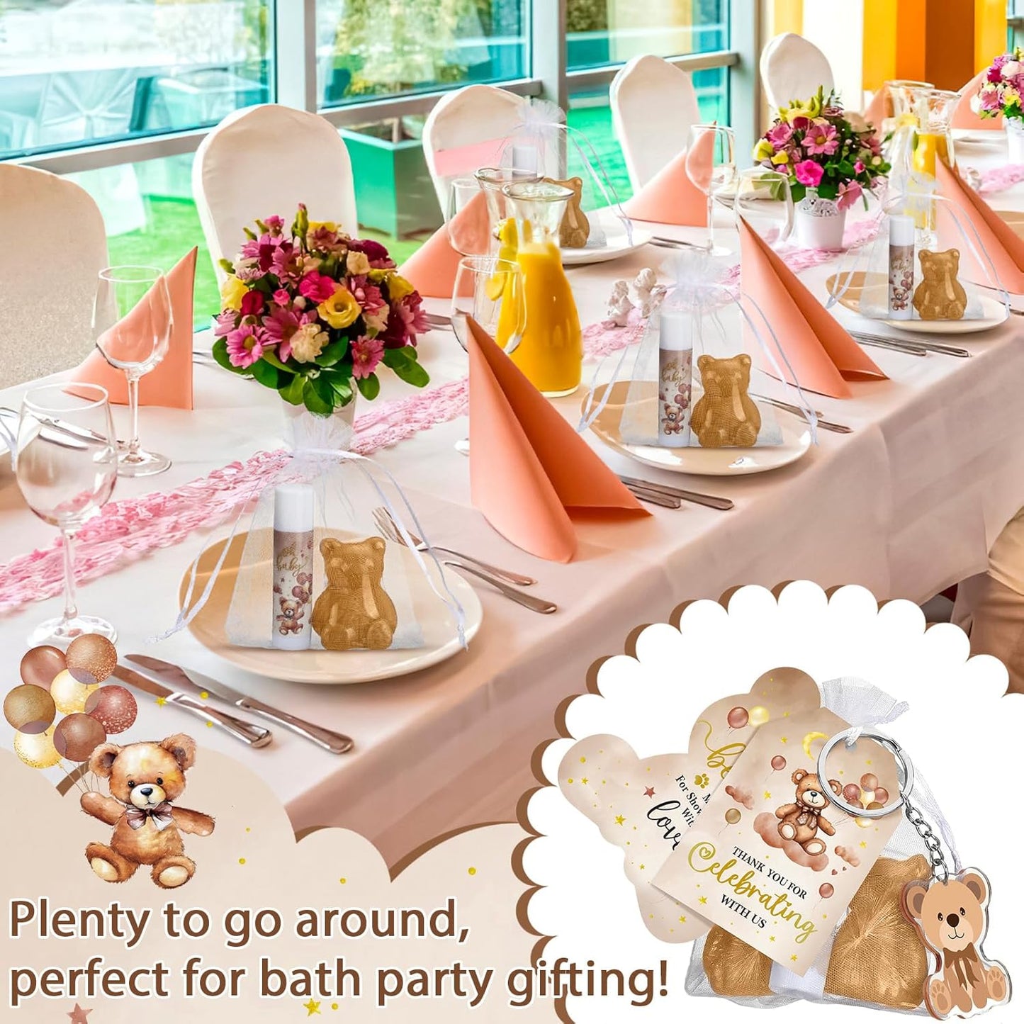 288 Baby Shower Favors: 48 Sets of Lip Balms, Soaps, Keychains, Organza Bags, Thank You Tags & Cards for Boys & Girls Baby Shower Gifts (Brown, Bear)
