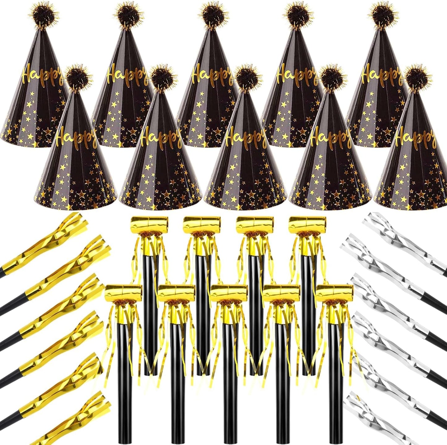34 Pcs Birthday Party Hats - Gold Cone Hats Including 12 Paper Hats and 22 Noise Makers