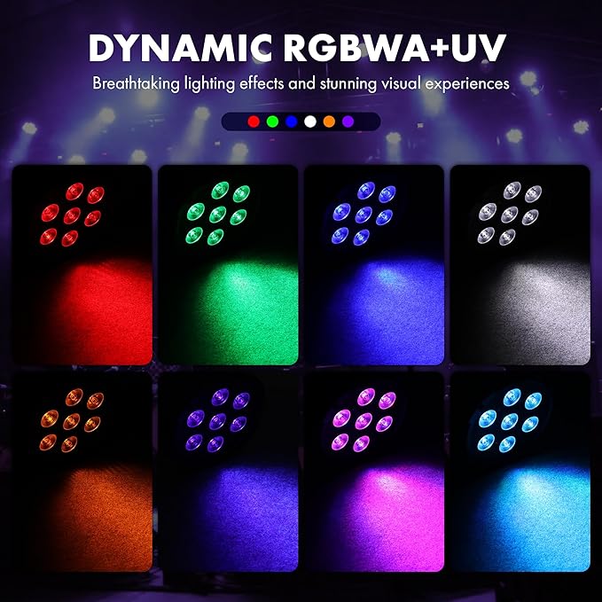 84W LED Par Can Lights, 6-in-1 RGBWA+UV Pro Led Stage Lighting with DMX512 & Remote, Pulse Change, Strobe, Sound Activation for Stage, Party, Wedding, and DJ Events (1-Pack)