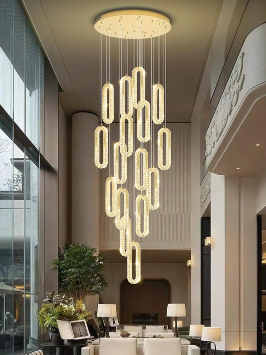 H138 Large Chandelier for High Ceiling,Modern 16-Rings Crystal Chandeliers for Entryway,Gold Pendant Light for Living Room,Foyer,Entryway LED Dimmable Staircase Chandelier