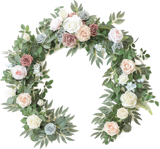 Floroom 6ft Artificial Eucalyptus Garland with Flowers Fake Greenery Faux Floral Vine Garland for Table Decor Wedding Centerpieces Bridal Shower Party Decorations, Blush Powder Blue