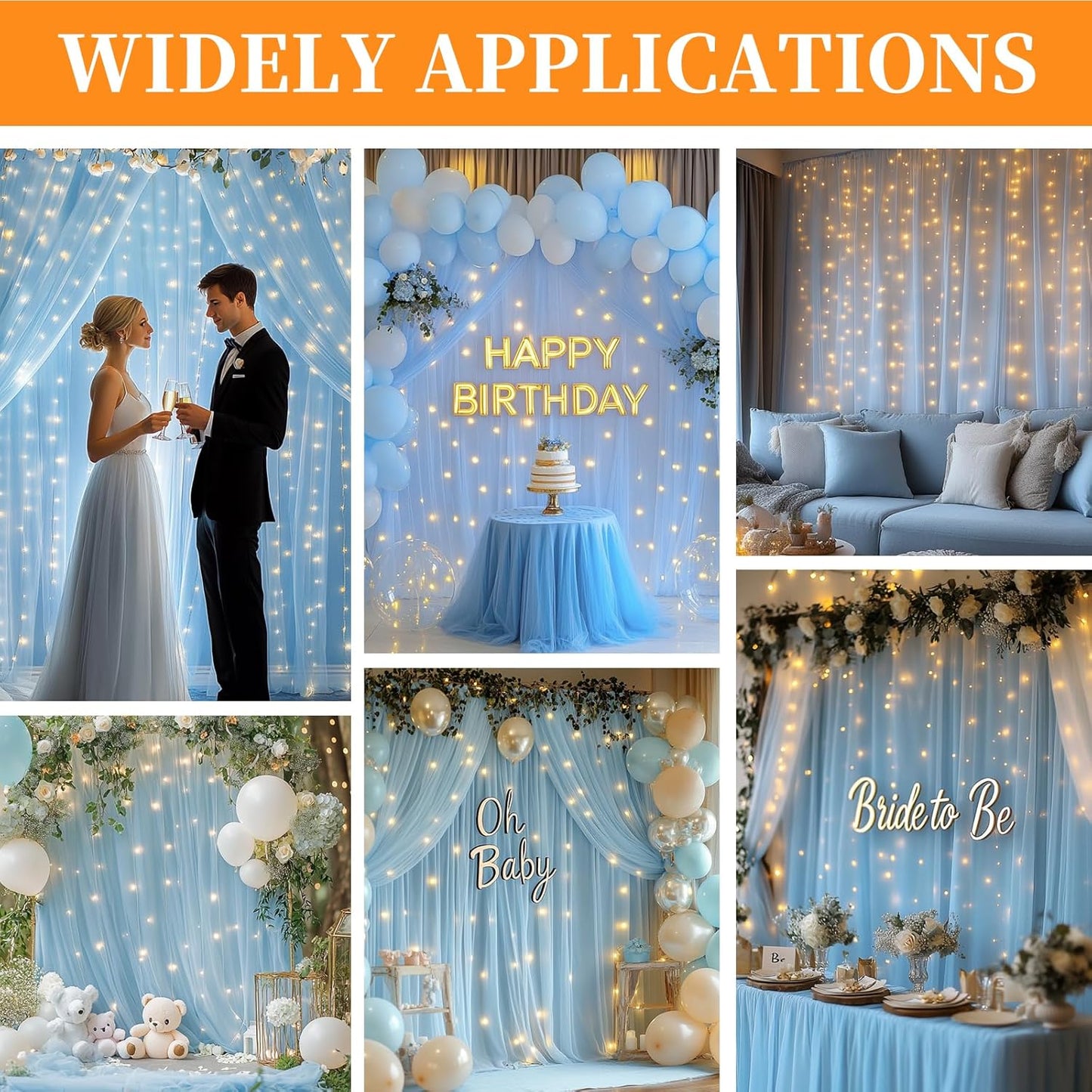10x10ft Baby Blue Tulle Backdrop Curtain with String Lights, Wrinkle-Free Sheer Baby Shower Backdrop for Birthday Party, Bridal Shower, Photo Shoots, Wedding and Home Decorations, Baby Blue