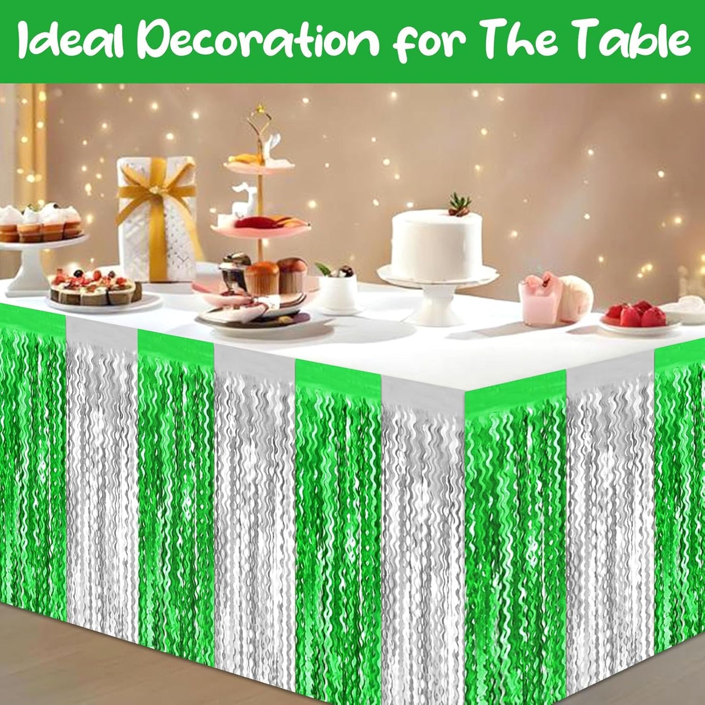 6 Pack 29 x108 Inch Silver Greenange Wave Foil Fringe Table Skirts Metallic Banner for Tinsel Streamer Garland Backdrop for Parade Floats, Mother's Day, Easter, Wedding, Birthday Party Decoration