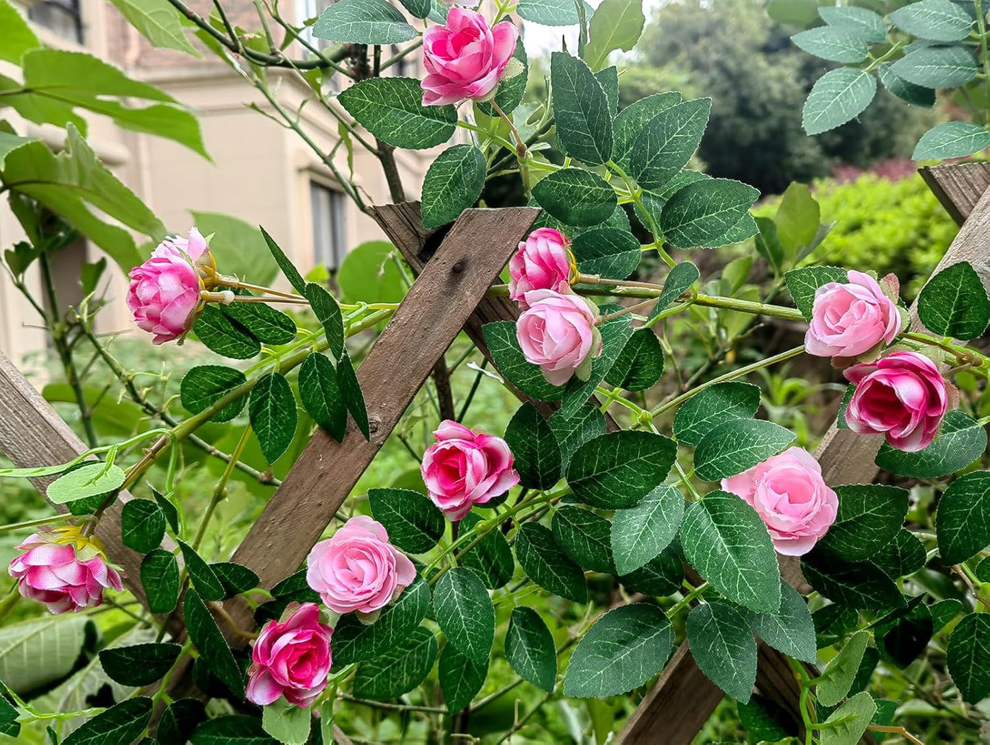 6FT Bendable Rose Vine Hanging Flower Garland Fake Floral Garland with Butterflies for Wall Decor Trellis Fence Home Room Decoration (Pink, 2pcs)