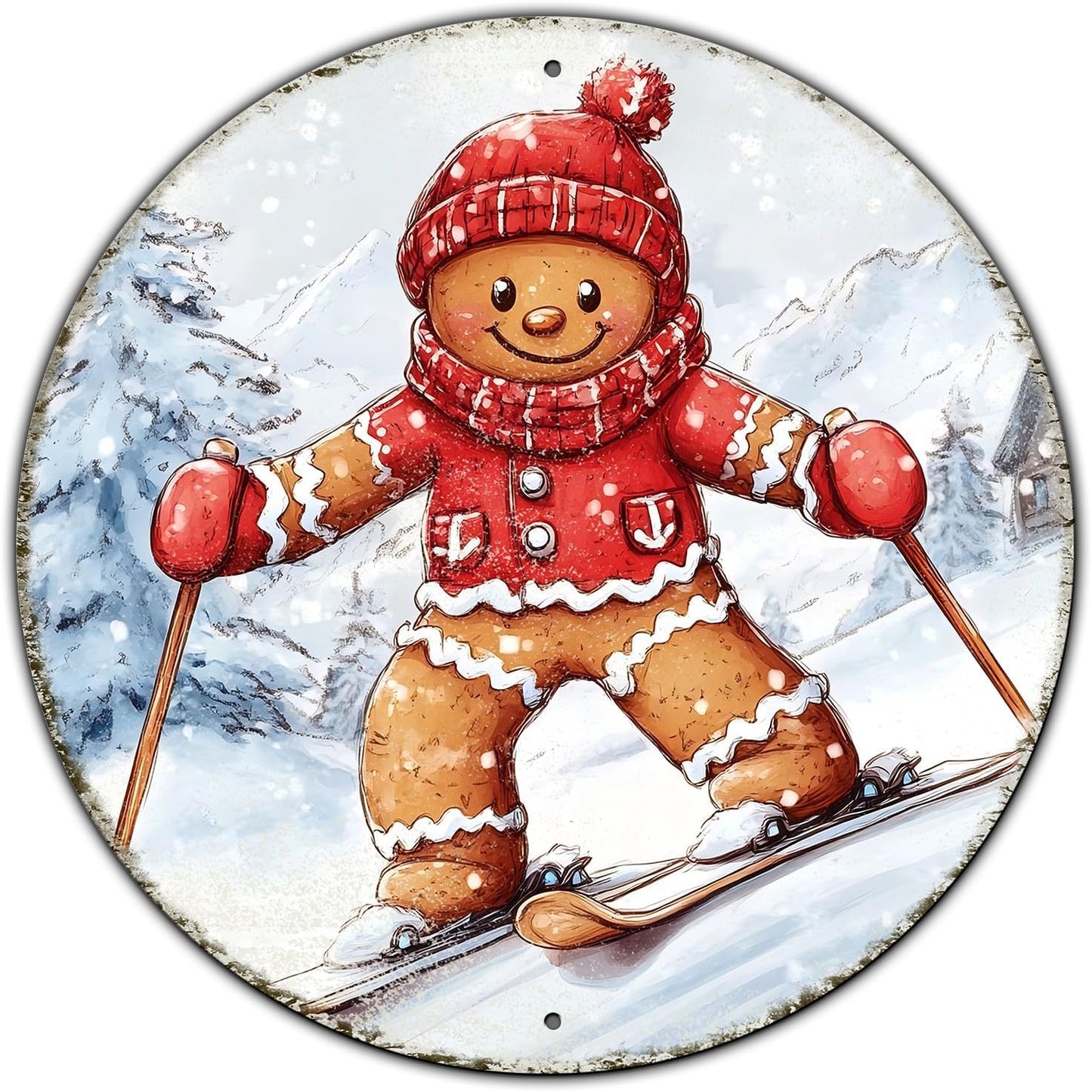 Round Gingerbread Man Ski Vintage Metal Sign Skiing Sign, Office Sign Home Décor Ski Lodge Décor Cabin Tin Sign 12 * 12 in