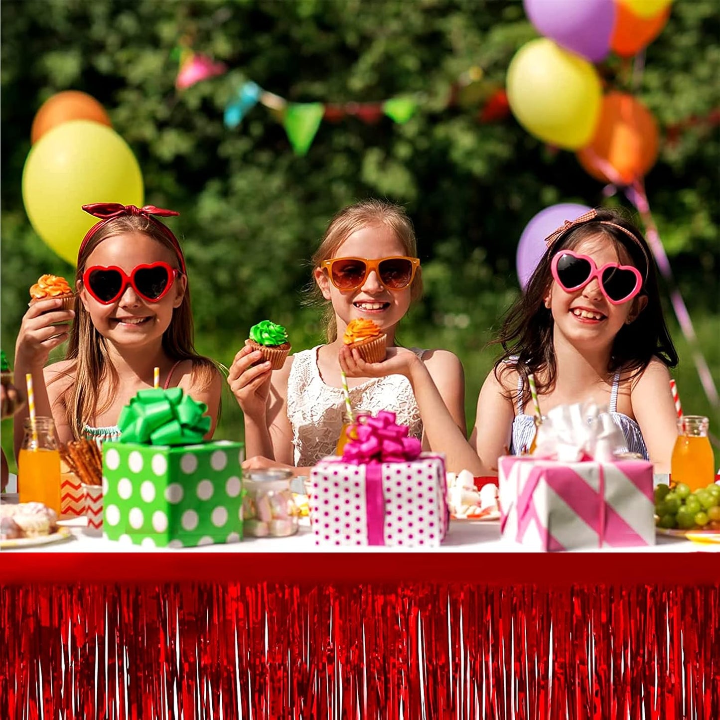 4 Pack 29x108 Inch Metallic Foil Fringe Tinsel Table Skirts for Rectangle Tables Streamer Backdrop for Wedding, Birthday, Parade Floats, Christmas, Halloween Party Decoration(Red)