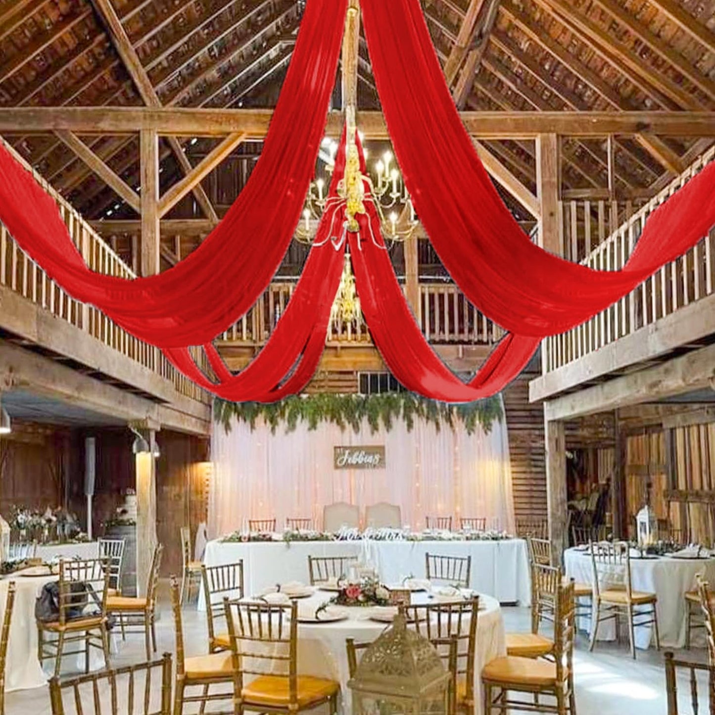MODFUNS Wedding Ceiling Drapes Red Chiffon Ceiling Draping Fabric 5x20ft 6 Panels Sheer Arch Drapes Tulle Draping Fabrics Semi Sheer Stage Curtain for Wedding Banquet Decoration