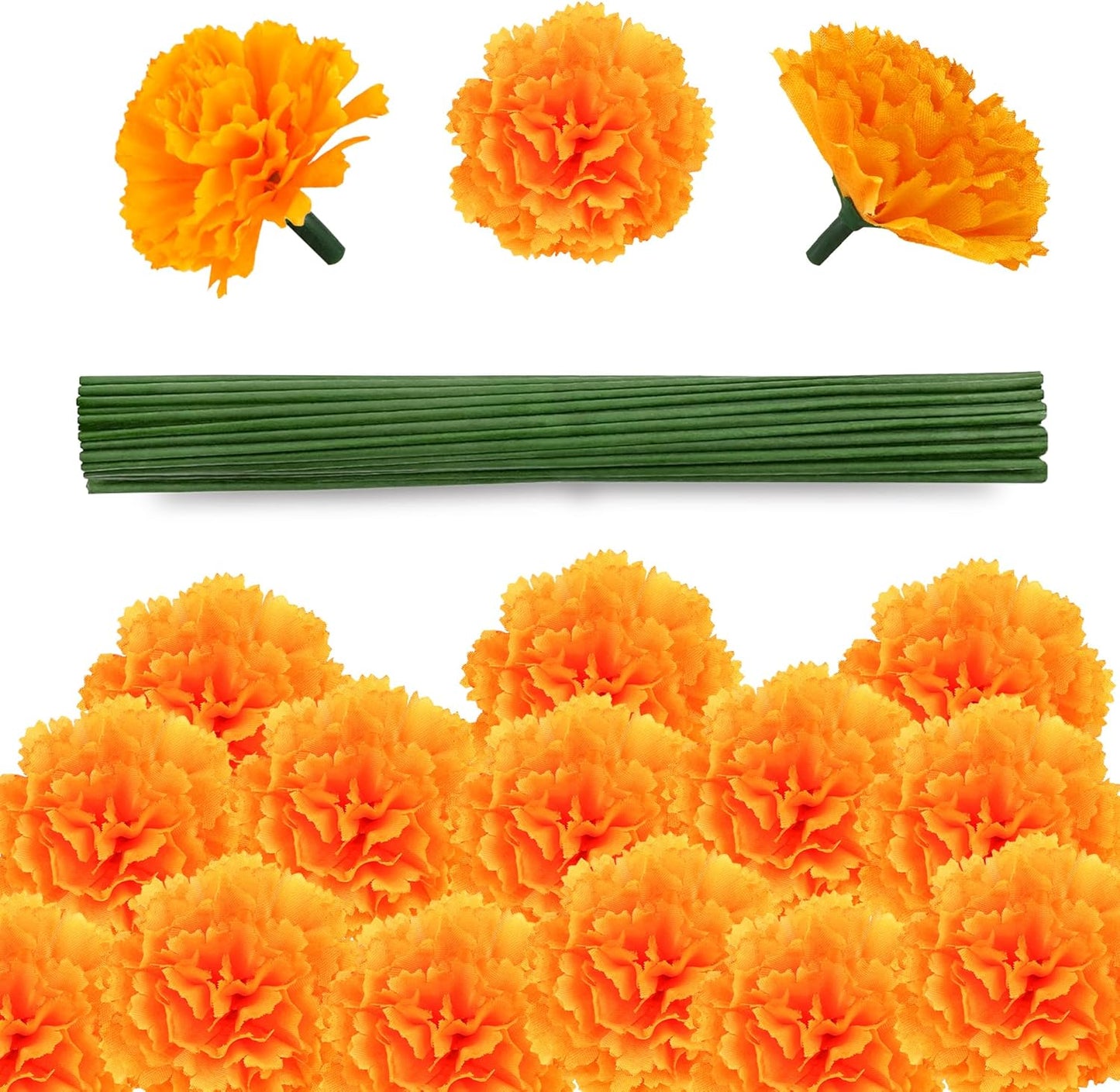 30 Pcs Artificial Marigold Flowers,2" Silk Marigold Flower Heads with Stems,Orange Flowers Artificial for Diwali Decor,Indian Wedding,Home,DIY Wreath Garland,Day of The Dead Decorations