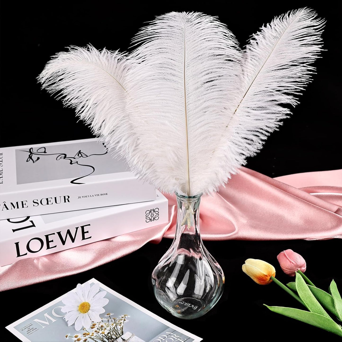 THARAHT White Ostrich Feathers 24pcs Natural Bulk 8-10Inch 20cm-25cm for Crafts Wedding Party Centerpieces Christmas Tree Decoration Feathers