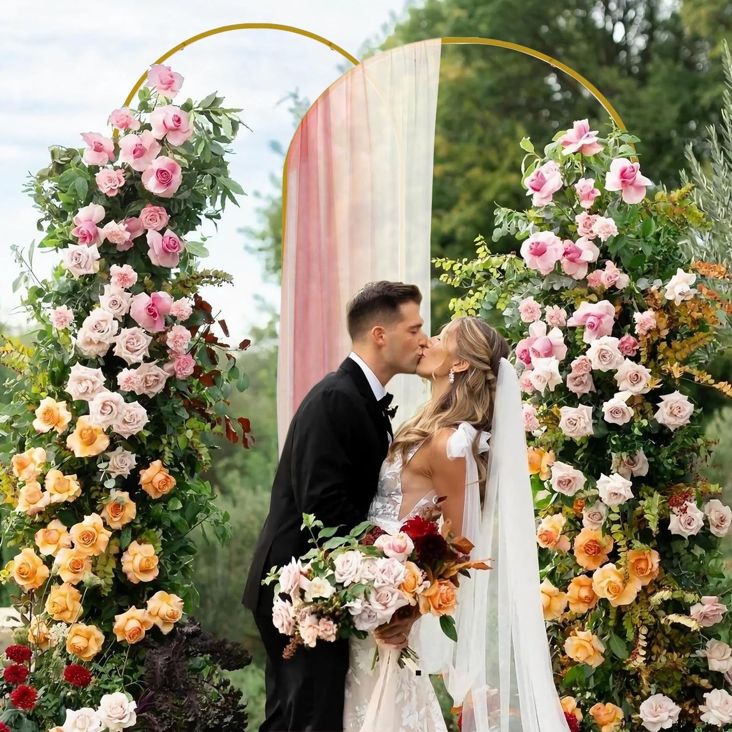 Gold Metal Arch Backdrop Stand Set of 2 with Balloons All Accessories Metal Arched Backdrop Frame for Chrismas Ceremony Parties Bithday Decoration (7.2FT, 6FT)