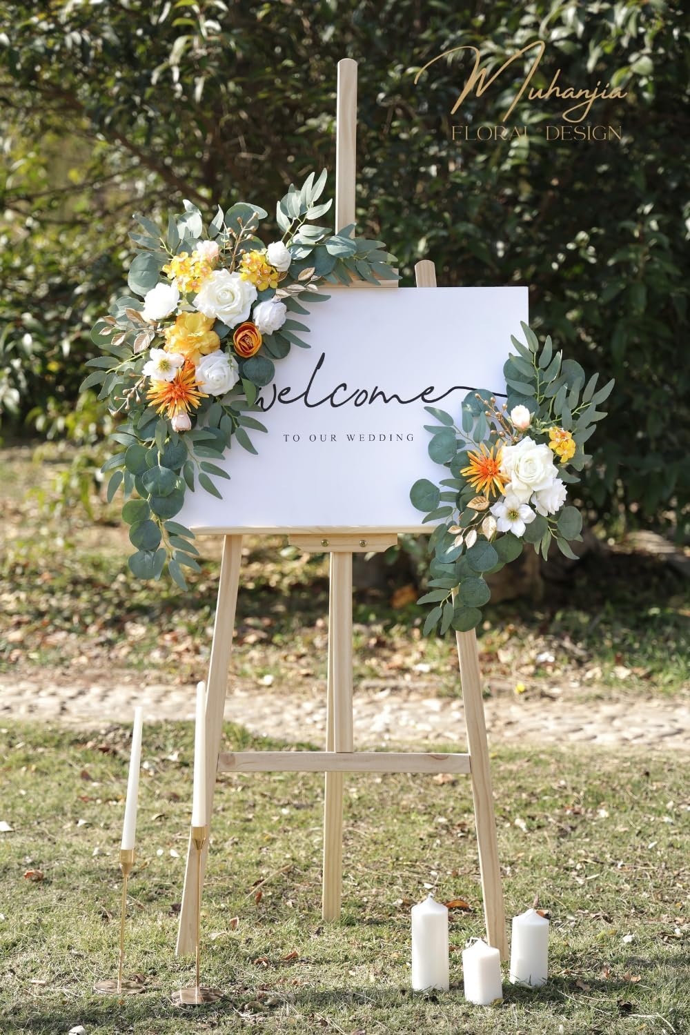 Wedding Sign Faux Flower Swag (Pack of 2) for Ceremony Party Reception Entrance Floral Decor Wall Easel Stand for Wedding Poster Welcome Sign (Bright Yellow)