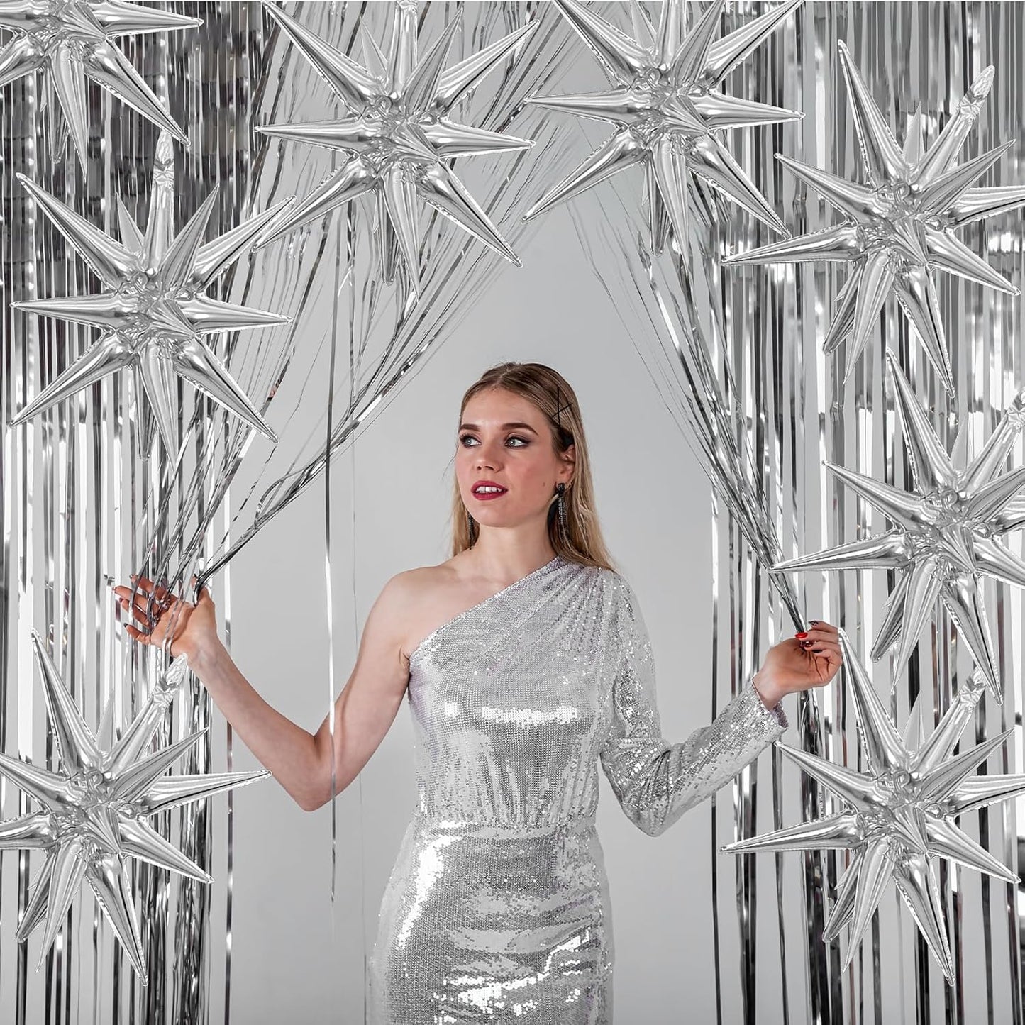 Silver Star Balloons,9Pcs 22Inch Silver Explosion Spike Cone Helium Polyester Film Star Foil Balloons for Birthday Anniversary Baby Shower Wedding New Year Disco Party Decorations