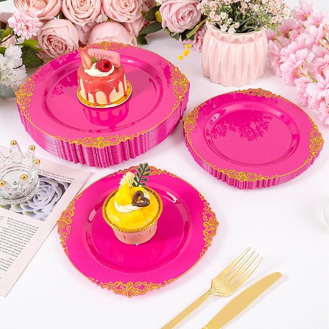 125PCS Hot Pink Plastic Plates - Pink Disposable Plate - Elegant Party Plates with Gold Plastic Silverware Sets for 25 Guests for Valentine's Day Party & Birthday & Baby Shower