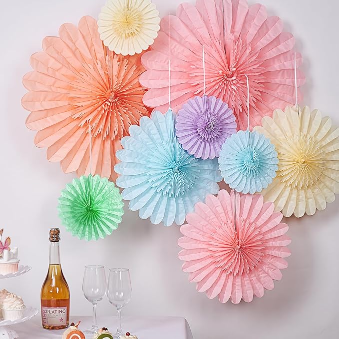 PAPER JAZZ 9pcs Spring Pastel Paper Fans Party Decoration,Paper Flowers Wall Decoration, Rainbow Birthday Party Decorations Tissue Pom Poms for Birthday Wedding Baby Shower Classroom.