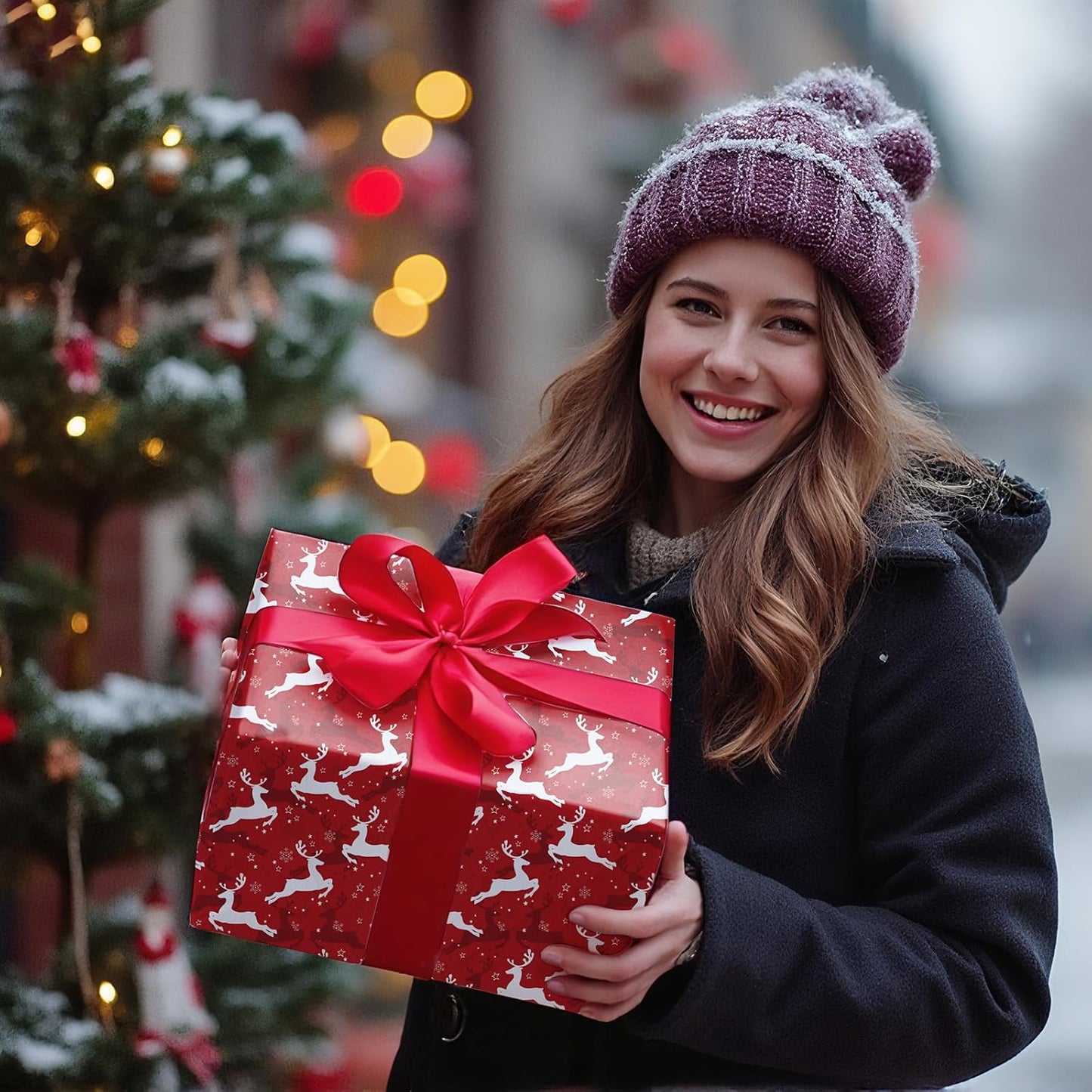 Ulmasinn Reversible Christmas Wrapping Paper Roll - 17" x33ft Double-Sided Designs with Red Nordic Reindeer & Geometric Snowflake, Xmas Gift Wrap for Presents, Table Decor & Crafting