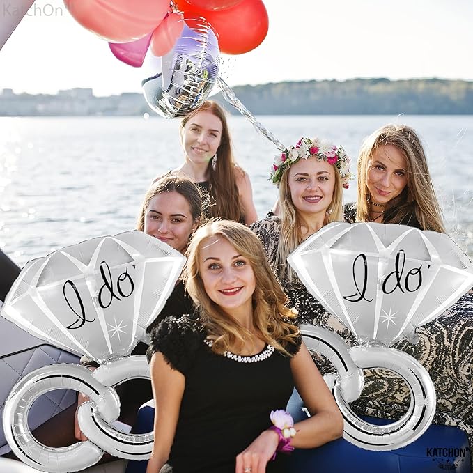 KatchOn Giant Silver Diamond Ring I Do Balloons - 40 Inch, Pack of 2 | Engagement Ring Balloon for Silver Engagement Party Decorations