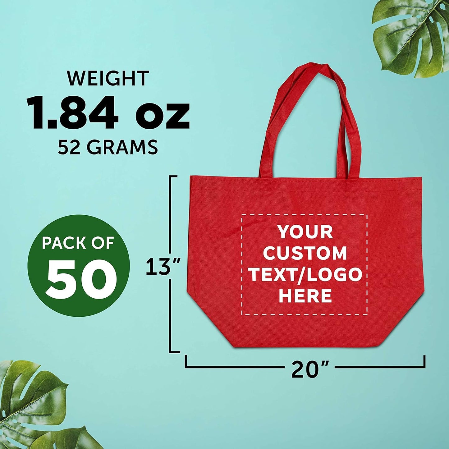 DISCOUNT PROMOS Custom Southern Style Grocery Tote Bags Set of 50 - Personalized Bulk Pack, Reusable Grocery & Shopping Bags - Great for Travel, Business Promotions, July 4th - Red - 20"X13"X8"