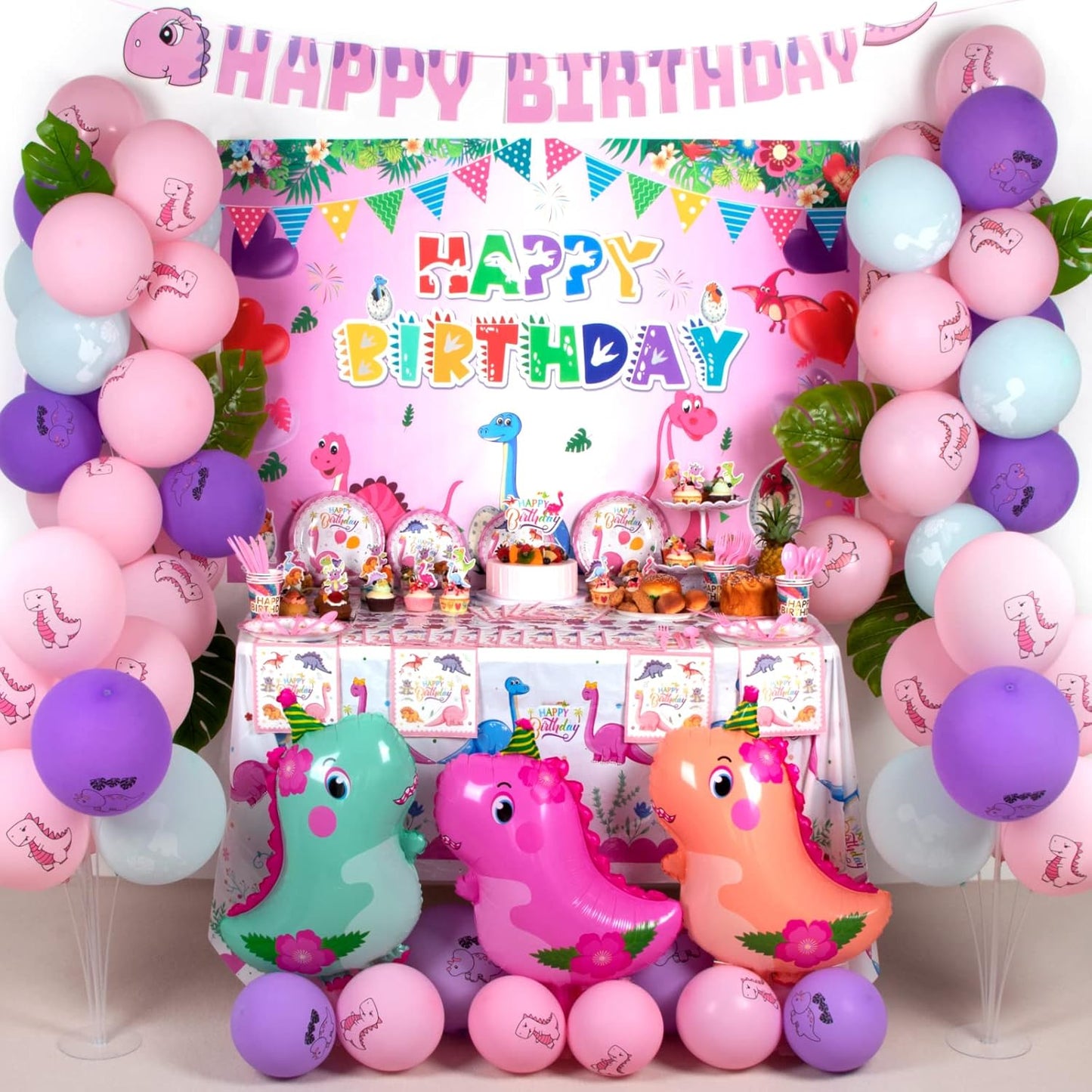 194 PCS Pink Dinosaur Party Decorations for Girls, Dinosaur Birthday Party Supplies Includes Dino Balloons, Backdrop, Happy Birthday Banner, Tablecloth, Plates, Napkins, Cake Toppers