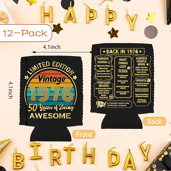 50th Birthday Can Cooler Sleeves Pack of 12-50th Anniversary Decorations- 1975 Sign - 50th Birthday Party Supplies - Black and Gold Fiftieth Birthday Cup Coolers