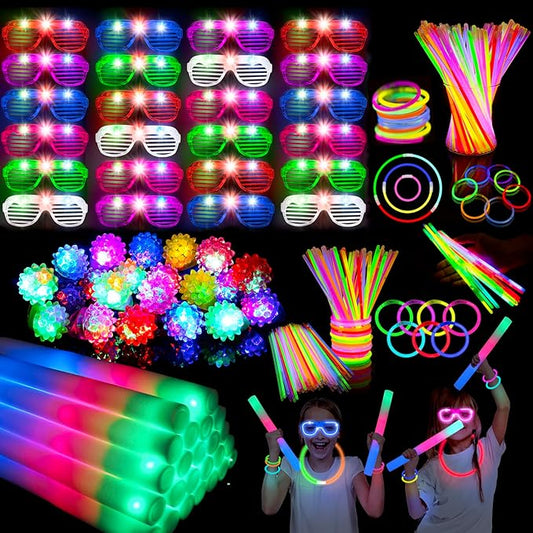 yuzshin 272PCS Glow in the Dark Party Supplies, Glow Sticks Bulk Party Pack, 24PCS Foam Glow Sticks, LED Glasses, LED Light Up Rings and 200PCS Glow Stick for Neon Party Decorations, Wedding