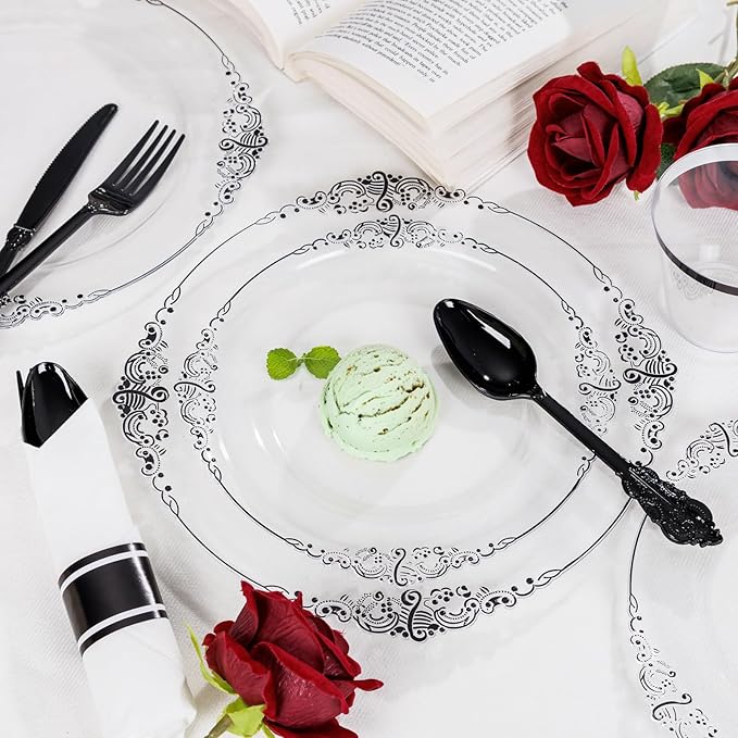 Hioasis 350pcs Clear and Black Plates - Black Party Plates for 50 Guest, Include 100 Heavy-duty Plates(20% Thicker Than Standard), 50 Pre Rolled Gold Plastic Silverware Set, 50 Cups