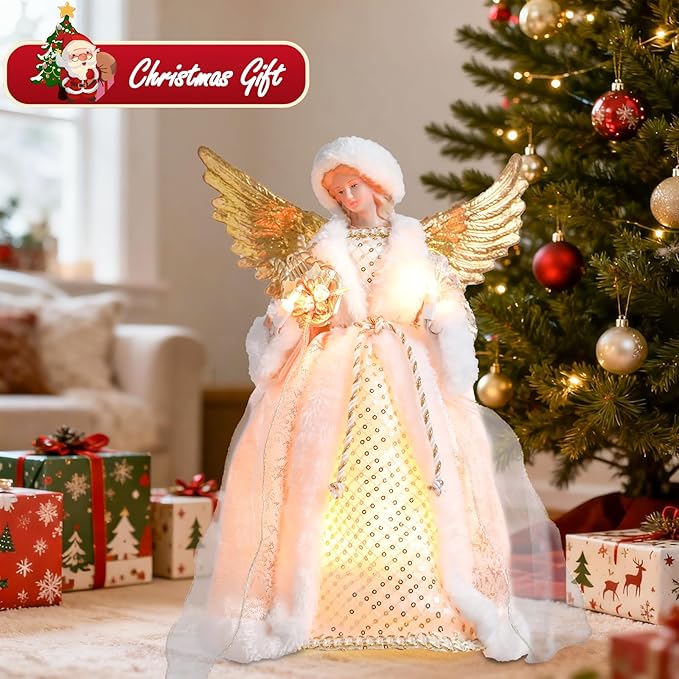 Angel Christmas Tree Topper with Lights, 12 Inch Lighted Angel Xmas Tree Toppers Decoration, Luxury White Fabric Angel Figurine Ornament for Christmas Tree Holiday Party Indoor Decor