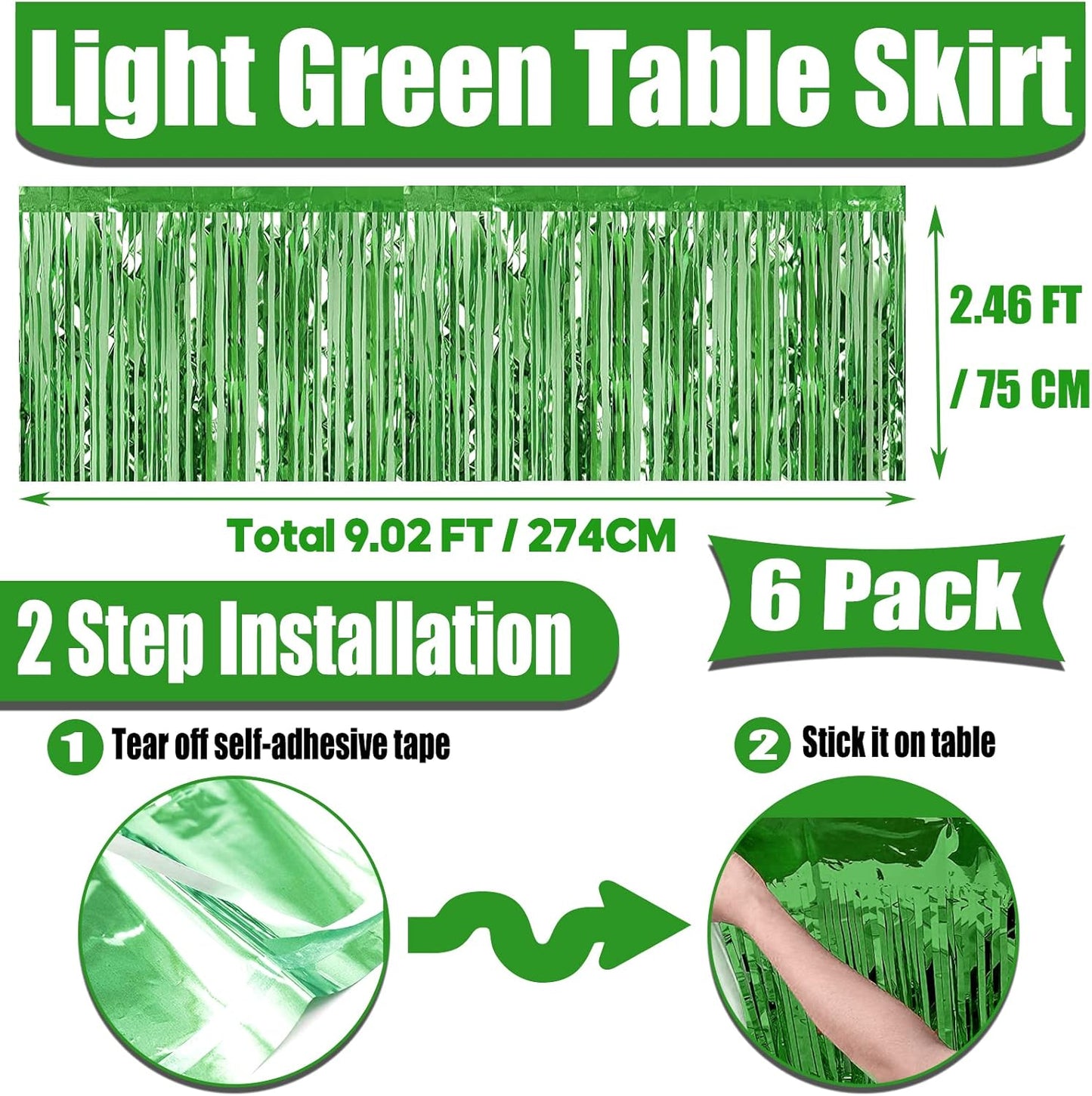 6 Pack 29x108 Inch Metallic Foil Fringe Tinsel Table Skirts Banner for Rectangle Tables Streamer Curtains Backdrop for Wedding, Birthday, Parade Floats, St Patrick Day Party Decoration(Light Green)