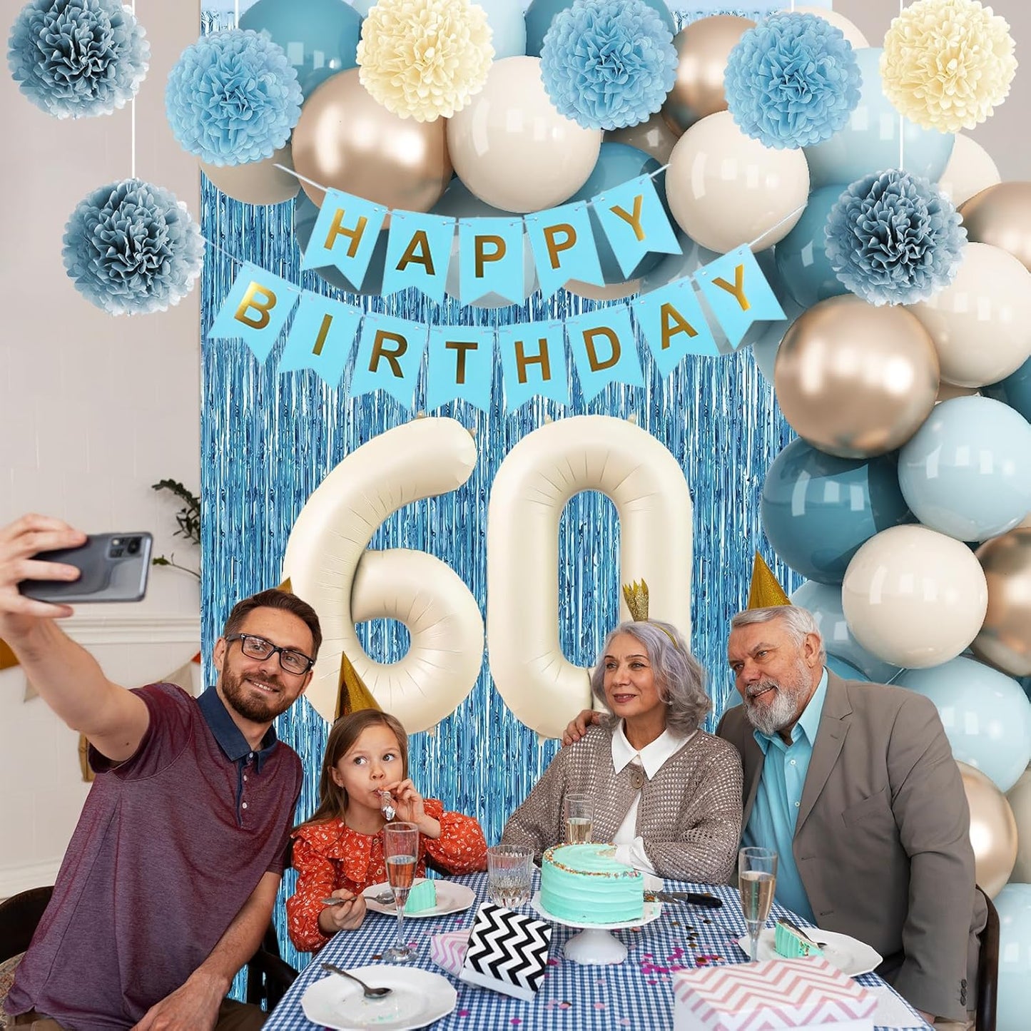 Dusty Blue 60th Birthday Party Decorations for Women Men Beige Cream Number 60 Balloon with Blue Gold Happy Birthday Banner Fringe Curtain Paper Pom Poms Nude White Sand Champagne Star Foil Balloons