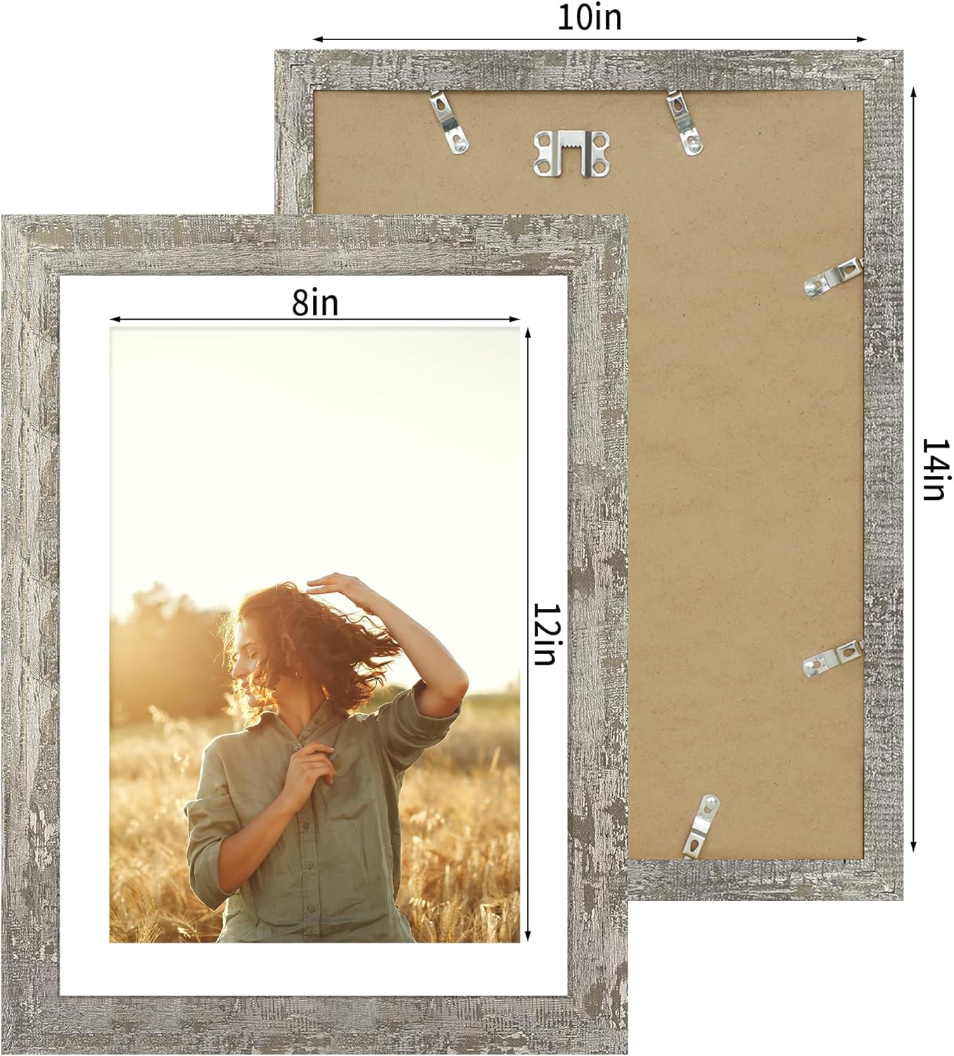 10x14 Picture Frame Set of 4 with Tempered Glass, Distressed Moss Green Frames Display 8x12 Picture with Mat or 10 x 14 Without Mat, Rustic Wood Photo Frames for Wall Mounting