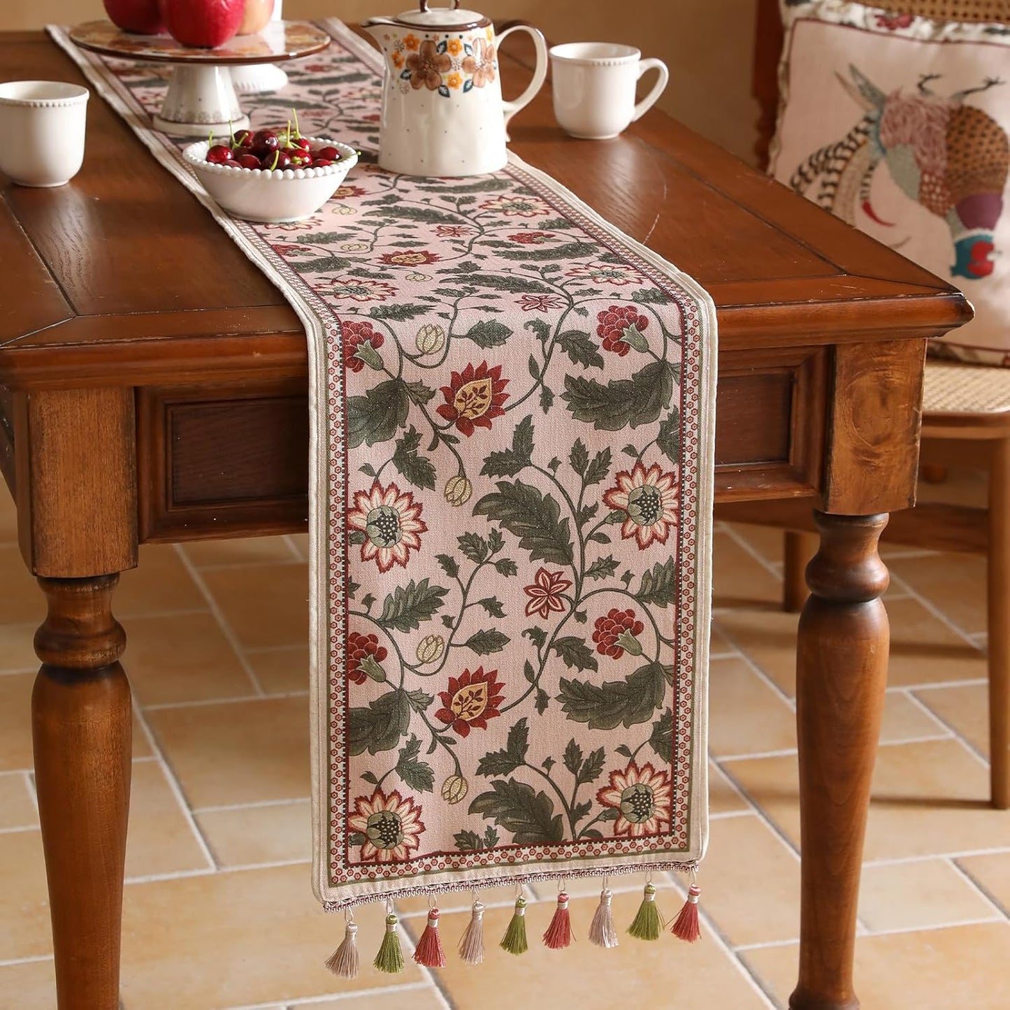 ISAENNE Designer Provence Elegant Linen Table Runner 71 Inches Long,Flower and Leaves Pattern Durable Table Runners for Dining Tables,Thanksgiving,Kitchen Tables,Christmas,12"*71"-Ratina