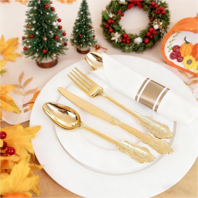 Liacere 400PCS Gold Plastic Silverware - Pre Rolled Napkins Disposable Gold Plastic Cutlery-Premium Quality Utensils-Includes 100Forks,100Knives,100Spoons,100 Napkins & Christmas & New Year