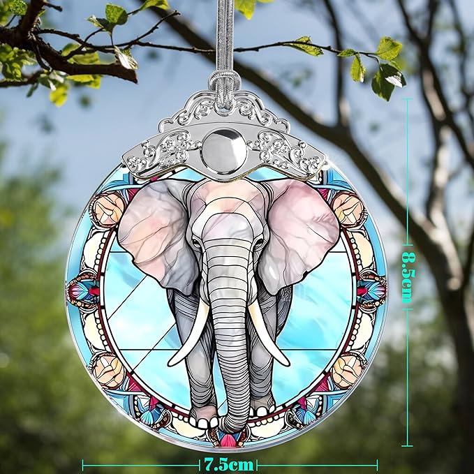 Stained Glass Christmas Ornament, Jocidea Elephant Christmas Decorations, Christmas Tree Ornament, Elephant Lovers Gifts, Holiday Decor and Xmas Gifts Ideas