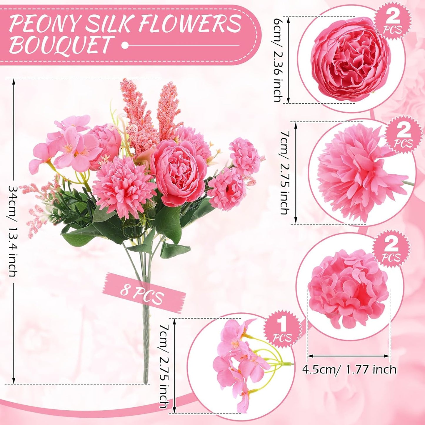 Zeyune 8 Pcs Wedding Silk Flowers Fake Silk Flowers Faux Bouquet Hydrangea Bouquets for Wedding Birthday Party Table Centerpieces Home Decoration(Rose Red,Peony)