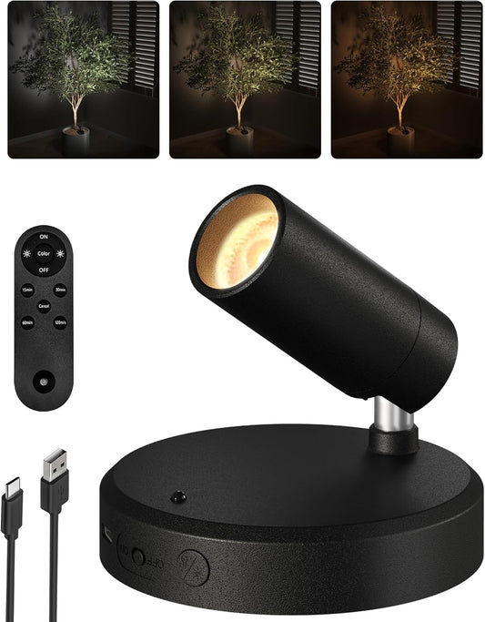 EZVALO Wireless LED Spotlights Indoor, 5500mAh Rechargeable Battery Powered Plants Spotlights Indoor, Dimmable & Timer, 3 CCT Small Up Lights with Remote, Accent Uplighting for Artwork,Tree(Black)