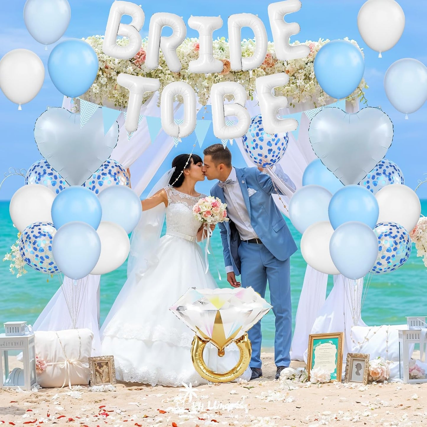 Blue White Bachelorette Party Decorations, White Bride To Be Bridal Shower Balloons Decorations, Blue Confetti Balloons with Diamond Ring Baby Blue Heart Balloon for Bachelorette Engagement Wedding