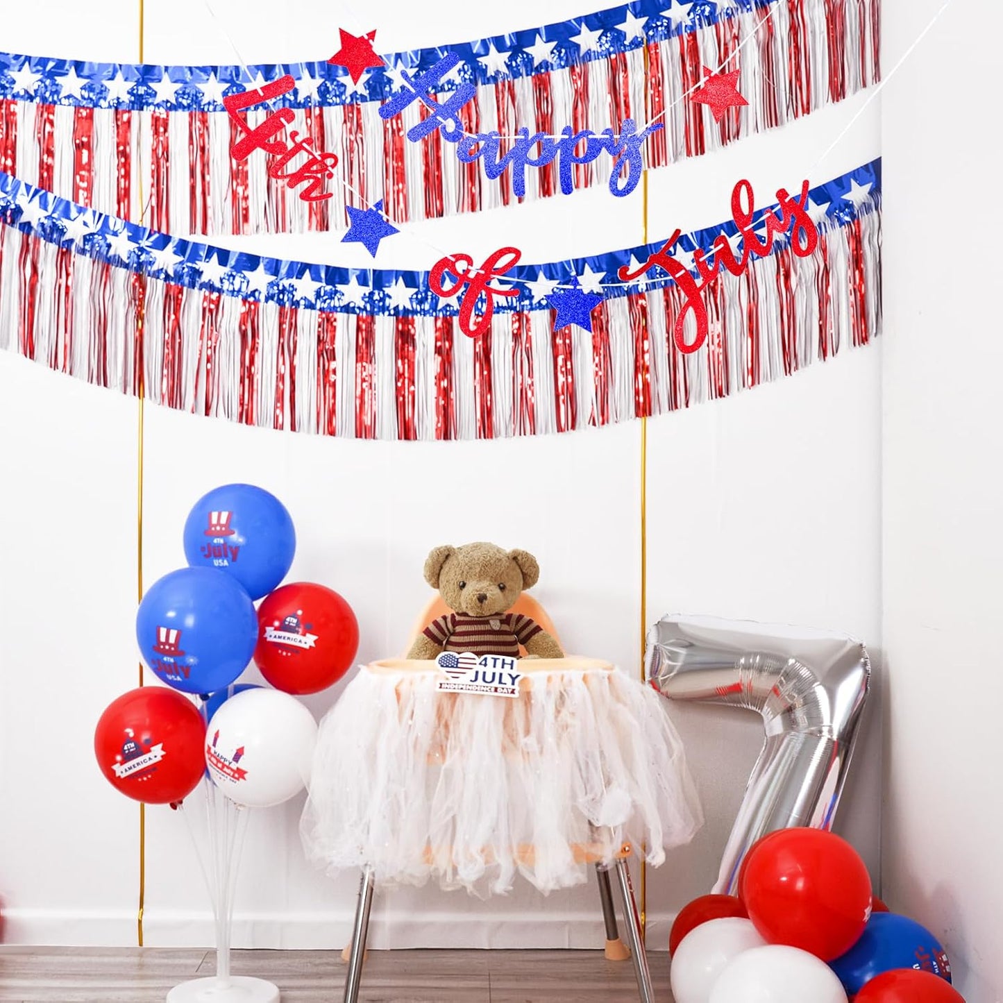 Mega-L 4th of July Decorations 2Packs 39 Feet Foil Fringe Garland Tinsel Streamers, Red White and Blue Star Metallic Hanging Backdrop Banner Table Skirts for Parade Floats Memorial Day Patriotic Party