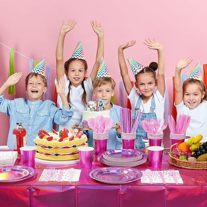 Iridescent Pink Party Supplies Decorations Serve 100, Hot Pink Holographic Paper Plates and Napkins, Disposable Pink Paper Plates Cups Knives Spoons Fork for Mermaid Disco Birthday Graduation Party