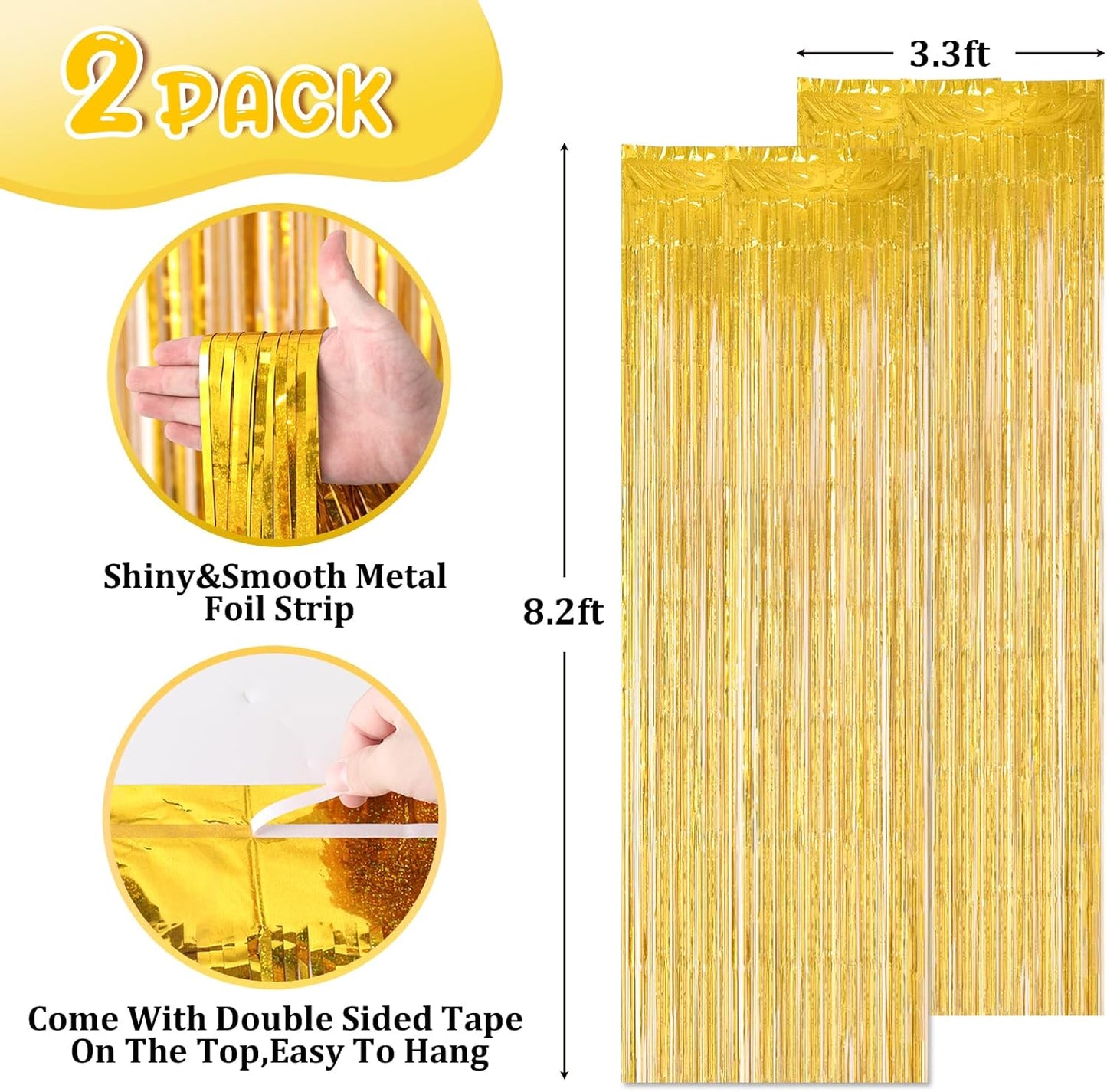 2 Pack Laser Gold Tinsel Foil Fringe Curtains, Gold Party Decorations, Metallic Tinsel Party Streamers Backdrop for Birthday Baby Shower Graduation Wedding New Years Party Decorations