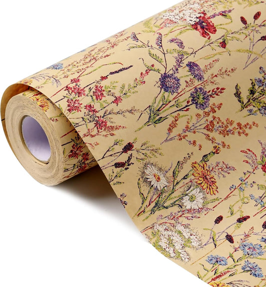 Tyzarglef Wild Flower Wrapping Paper Roll, 17 Inches x 32.8 Feet Kraft Floral Design Wrapping Paper for Women Girls Gifts, Birthdays, Weddings, Bridal Shower and Engagement