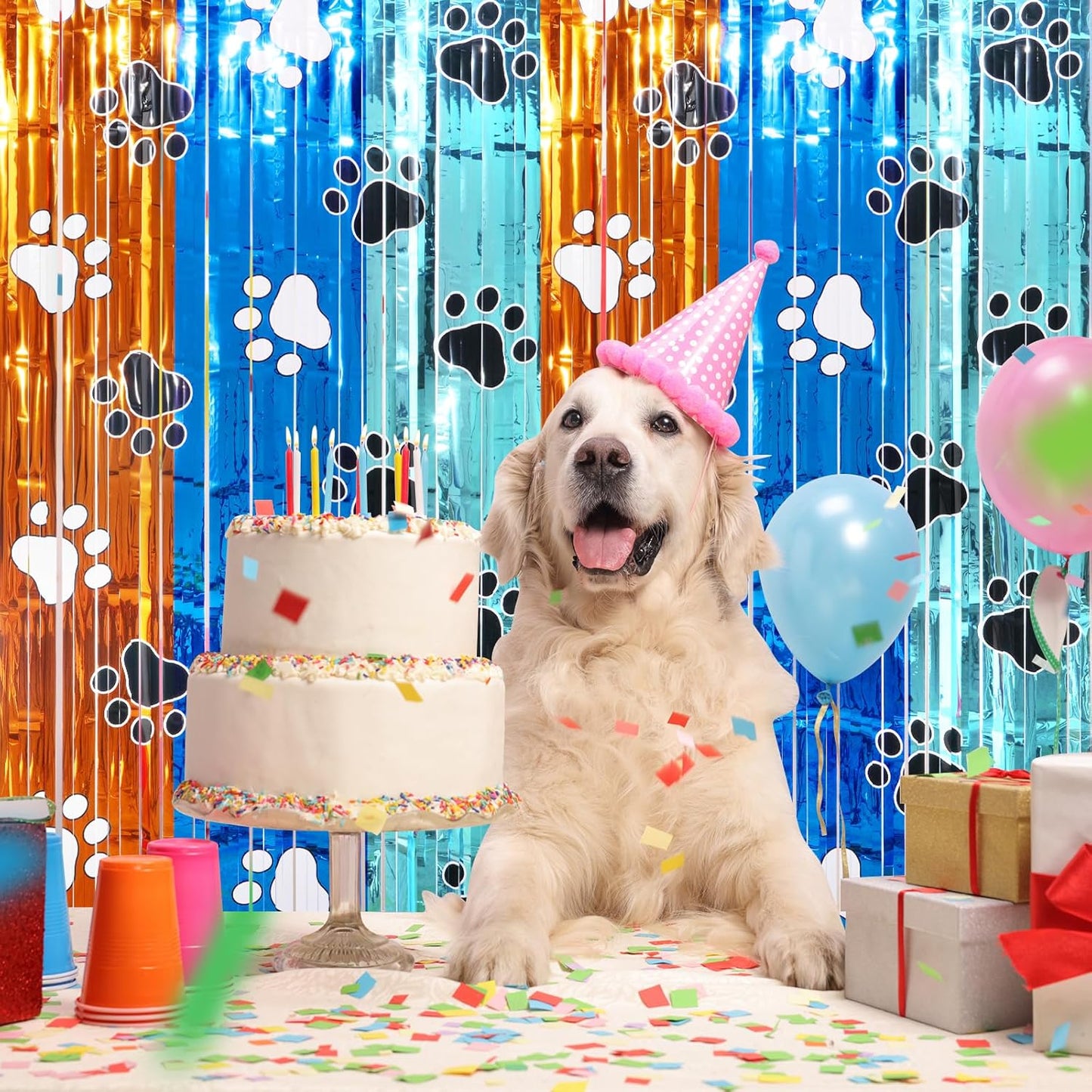 2 Pack 3.3X6.6Ft Blue Dog Foil Fringe Curtains Backdrop Decorations, Orange and Blue Paw Printed Birthday Tinsel Metallic Streamers Photo Booth Backdrop for Dog Theme Birthday Party Supplies