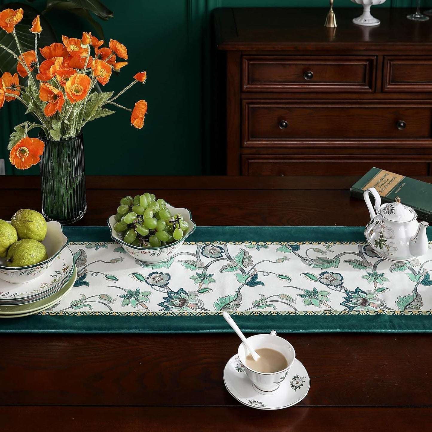 patdrea Designer Elegant French Floral Velvet Table Runner, Teal with Blossoms Pattern Table Mat, Decoration for Kitchen Dining Coffee Table Shelf Cabinet Banquet Thanksgiving,12"*87"