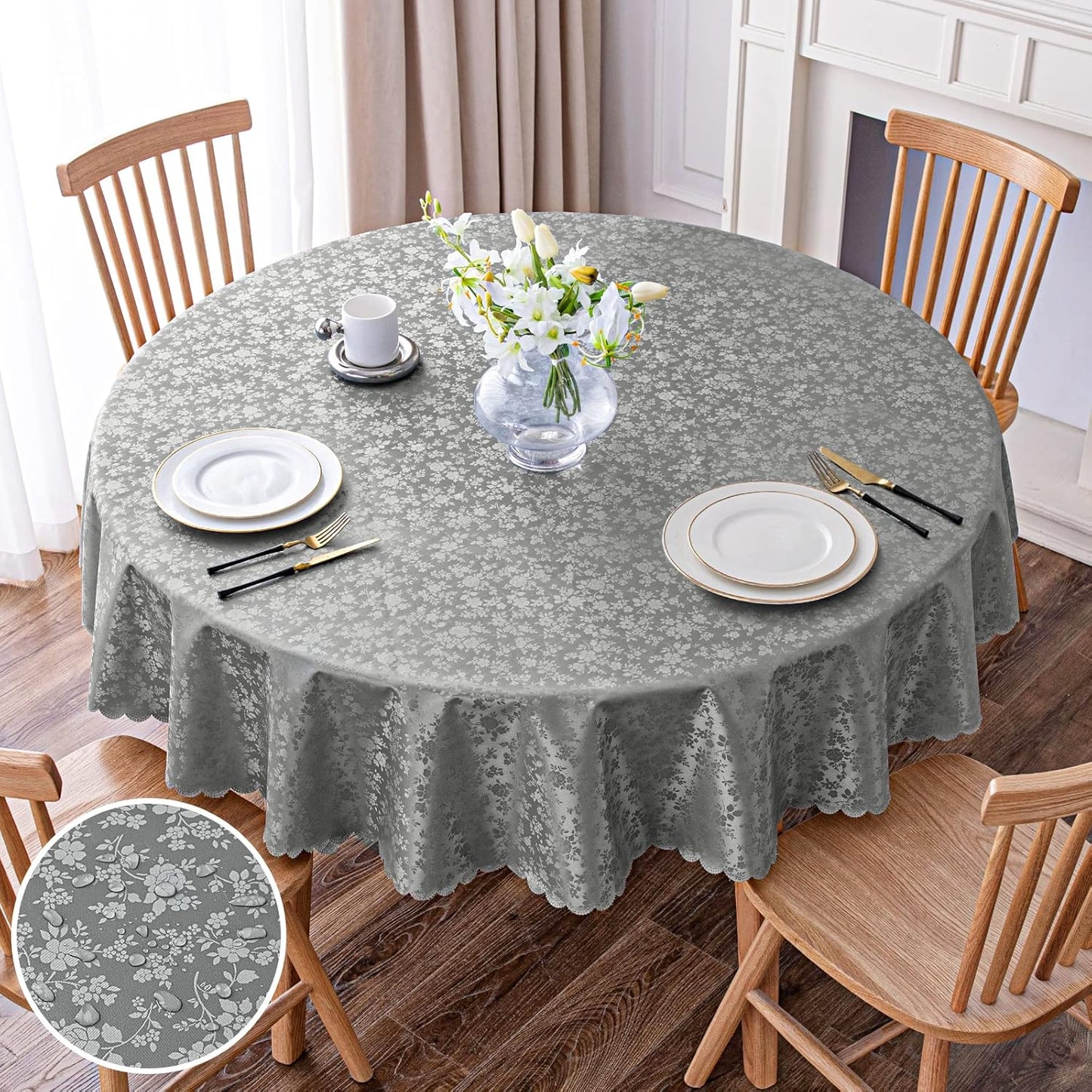 Smiry Round Table Cloth, Waterproof Heavy Duty Vinyl Tablecloths, Wipeable Washable Table Cover for Kitchen and Dining Room (Grey, 70" Round)