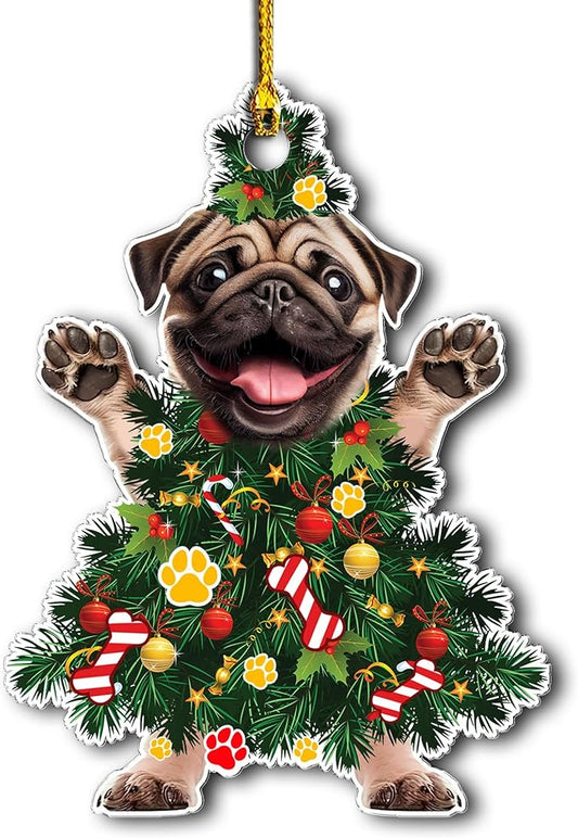 Pug Christmas Tree Ornament - Festive Holiday Acrylic Hanging Decoration with Adorable Pug Dog - Christmas Tree Topper