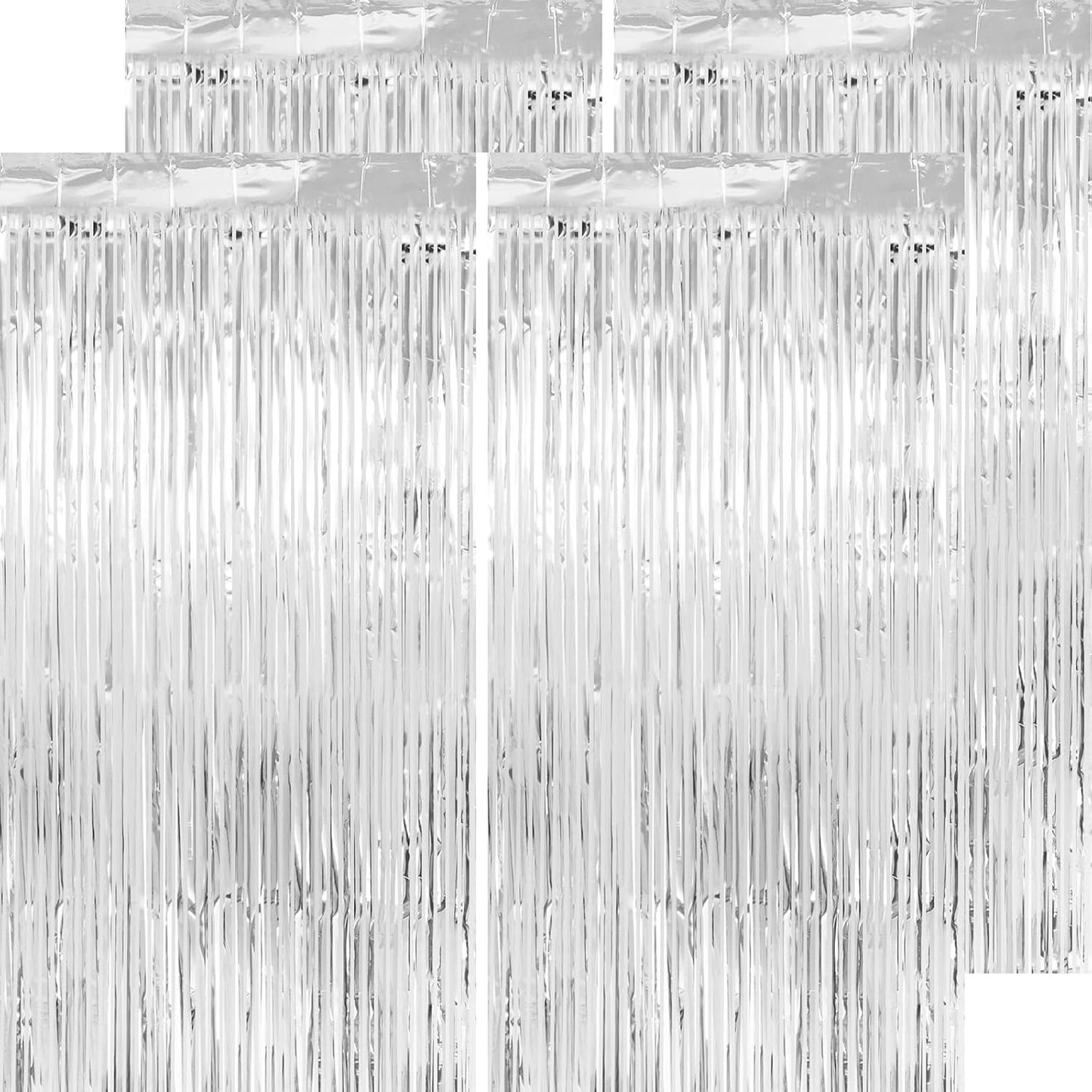 Silver Streamers Party Decorations - Thicken 4 Pack 3.2 x 8.2 FT - Black Tinsel Foil Fringe Backdrop Curtains, Photo Booth Props for Birthday, Graduation, Bachelorette, Prom, Engagement, Disco Party