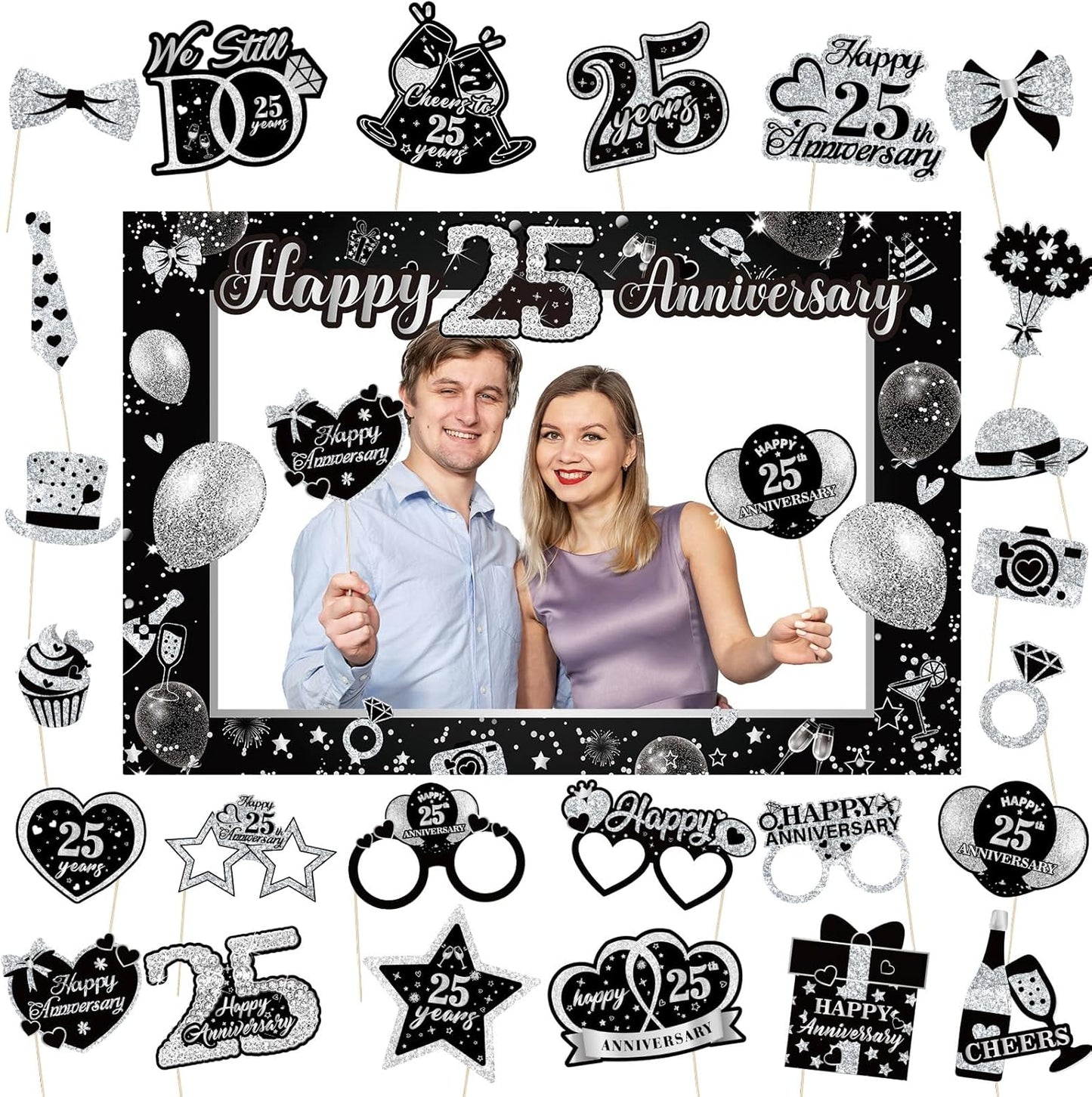 25th Wedding Anniversary Decorations Black Sliver 25th Wedding Anniversary Party Photo Booth Props and Selfie Frame Silver Happy 25 Years Anniversaries Party Supplies for Women Men Cheers to 25 Years